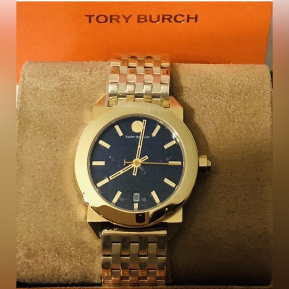 NIB TBW8003 .. TORY BURCH WHITNEY GOLD STAINLESS STEEL BLUE DIAL LADIES WATCH - Picture 3 of 4